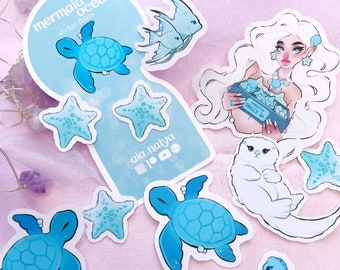 blue mermaid ocean sticker flakes pack, save the ocean, planner stickers, mermaid stickers, nautical stickers, ocean themed, bujo supplies