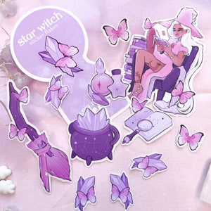purple astrology star witch die cut sticker flakes, astronomy, planner supplies, laptop decals, notebook decor, scrapbooking ephemera