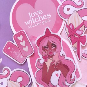 pacote de flocos de adesivos de bruxas de amor, papel de carta de bruxa, adesivos de planejador, adesivos rosa, adesivos de bruxaria, suprimentos de bujo, coisas efêmeras