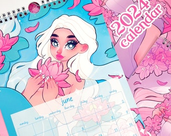 2024 A4 wall calendar magical girls, witchy calendar, mermaid calendar, fairy calendar, unique gift for her, illustrated calendar, fairycore