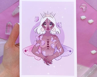 butterfly fairy goddess wall art print, purple, pink, divine feminine, cute illustration, kawaii room decor, feminine interior