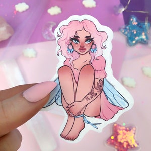 pink fairy sticker, fairycore matte sticker, y2k aesthetic, scrapbooking, journal, planner supplies, kawaii, magical sticker, fae, dreamy