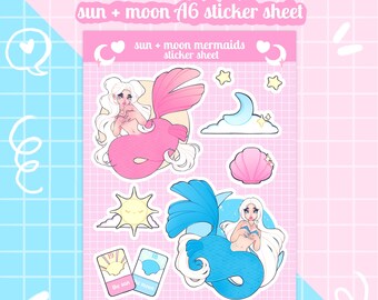 sun and moon mermaid vinyl sticker sheet, witchy mermaid sticker sheet, journal stickers, scrapbooking, ocean craft supplies, matte