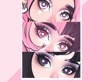 Impresión de arte de pared estético con ojos de niñas de dibujos animados, decoración de dormitorio linda, ilustración de los 90, arte de ensueño, decoración de oficina, arte de impresión de pared de collage