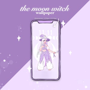 May include: A purple and white illustration of a witch with long hair, wearing a witch hat and holding a wand. The background is a purple gradient with stars and the number 11:11. The text "the moon witch wallpaper" is at the top of the image.