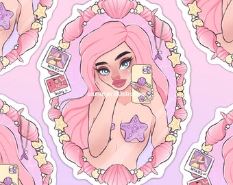 peach selfie mermaid sticker, sticker, cute sticker, scrapbooking, journaling, laptop sticker, kawaii, mermay, nautical, vaporwave aesthetic