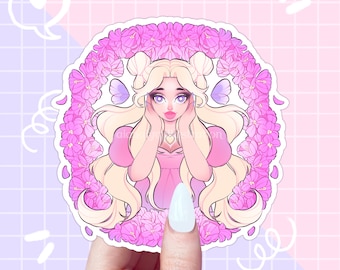 May include: A sticker featuring a cartoon illustration of a blonde woman with pink flowers around her head. She is wearing a pink dress and has butterflies on her shoulders. The sticker is on a pink and white checkered background.