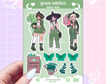 grüne Hexen Papier Aufkleber Blatt, salbei grün, Aufkleber Blatt, Journal Aufkleber, Scrapbooking, kawaii Hexe, matt, grüne Hexe Aufkleber