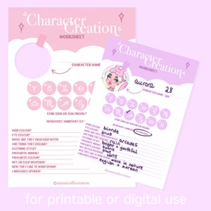 May include: A printable character creation worksheet with a pink background and a cartoon illustration of a girl with blonde hair and blue eyes. The worksheet includes sections for character name, age, star sign, introversion/extroversion, hair color, eye color, what they are obsessed with, one thing they dislike, clothing style, favorite animal, favorite color, hot or cold weather, how they like to wind down, and languages spoken.