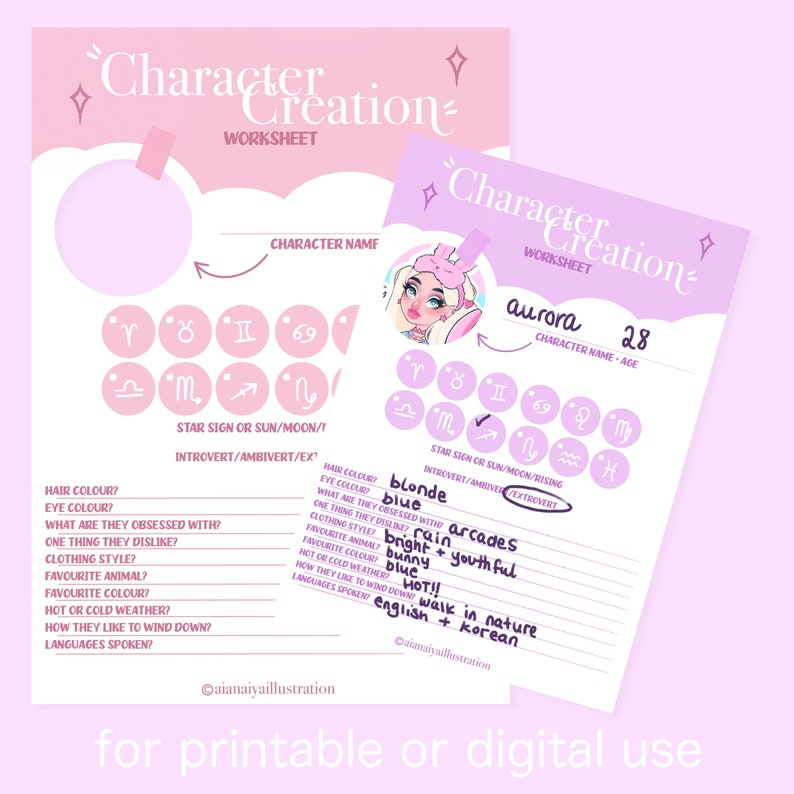 May include: A printable character creation worksheet with a pink background and a cartoon illustration of a girl with blonde hair and blue eyes. The worksheet includes sections for character name, age, star sign, introversion/extroversion, hair color, eye color, what they are obsessed with, one thing they dislike, clothing style, favorite animal, favorite color, hot or cold weather, how they like to wind down, and languages spoken.