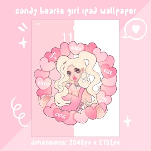 candy hearts girl pink aesthetic ipad wallpaper, ios, android, mobile phone theme, smartphone background, wallpaper set, iphone background