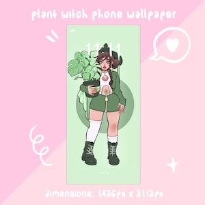 cute plant witch green phone wallpaper, ios, android, mobile phone theme, smartphone background, wallpaper set, aesthetic iphone background