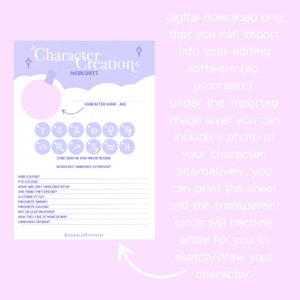 May include: A printable character creation worksheet with a purple and white color scheme. The worksheet includes a circle for drawing a character, a section for character name and age, and a list of character traits to fill in, such as hair color, eye color, favorite animal, and languages spoken. The worksheet also includes a section for star sign or sun/moon/rising and introvert/ambivert/extrovert.