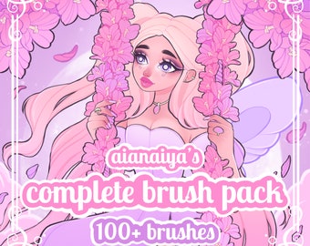 Può includere: Un'illustrazione digitale di una fata con capelli e ali rosa, che tiene dei fiori rosa. Il testo "aianaiya's complete brush pack 100+ brushes" è in primo piano.