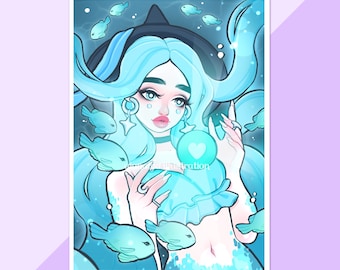Czarodziejska syrena świecąca na niebiesko, wydruk ścienny, dekoracja łazienki w stylu marynistycznym, słodka ilustracja, kawaii dekoracja sypialni, kawaii, estetyka lat 90.