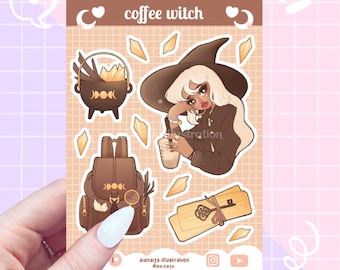 brown coffee witch vinyl sticker sheet, cottagecore sticker sheet, journal stickers, scrapbooking, halloween craft, matte, witchy