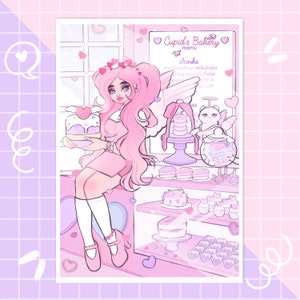 pink cupids bakery wall art print, cute illustration, pink room decor, kawaii aesthetic, bakery illustration, girl wall art, valentines