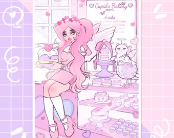 pink cupids bakery wall art print, cute illustration, pink room decor, kawaii aesthetic, bakery illustration, girl wall art, valentines