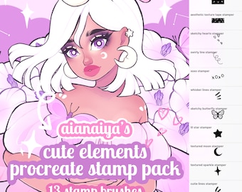 Paquete de 13 sellos con elementos adorables para Procreate, pinceles kawaii, herramientas de arte digital, sellos de pincel adorables, descarga instantánea, dibujo digital.