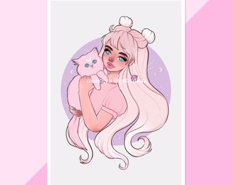 luna kitty and space girl pink wall art print, witchy illustration, cat lovers, moon cat, bedroom decor, dreamy decoration, kawaii, 90's