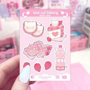 feuille d'autocollants de boulangerie chat d'amour | feuille d'autocollants en papier mat haut de gamme | Adorables autocollants nourriture