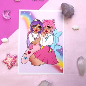 impresión de arte de pared de pareja kawaii arco iris, obra de arte de orgullo, lesbiana, linda ilustración, obra de arte lgbtq, estética femenina rosa