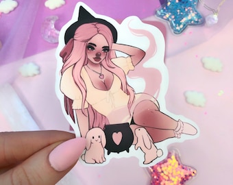 bunny love witch die cute sticker flake, love witch, y2k aesthetic, scrapbooking, journal, planner supplies, kawaii, romantic aesthetic