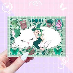 bruxinha verde + cartão postal de gato, ilustração fofa, estética dos anos 90, arte mágica, decoração kawaii, arte de colagem verde, cartão postal de bruxa