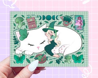 little green witch + cat postcard, cute illustration, 90's aesthetic, magical art, kawaii decor, green collage art, witchy postcard