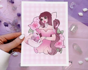 laundry cottagecore girl aesthetic pink wall art print, dreamy room decor, cute illustration, floral bedroom, feminine romantic, collage art