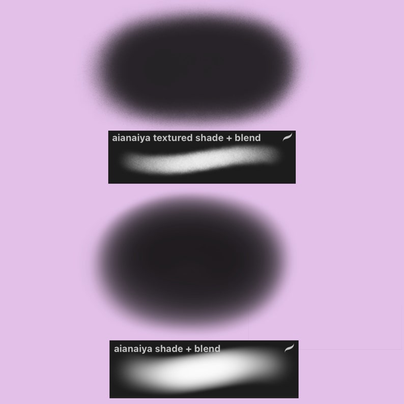 Pu&ograve; includere: Due pennellate testurizzate in bianco e nero con il testo "aianaiya textured shade + blend" e "aianaiya shade + blend" su uno sfondo viola chiaro.