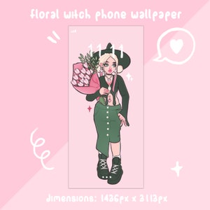 Puede incluir: Una ilustración digital de una bruja con cabello rubio que lleva un sombrero de bruja negro y una falda verde sosteniendo un ramo de flores rosas. El fondo es rosa con estrellas blancas y un globo de diálogo con un corazón.