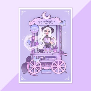 紫色のミセス ミッドナイト カート ウォール アート プリント、魔女の部屋の装飾、かわいいアートワーク、魔術のイラスト、魔法の部屋の装飾、コラージュ ウォール