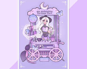 purple ms midnights cart wall art print, witchy room decor, cute artwork, witchcraft illustration, magical room decoration, collage wall