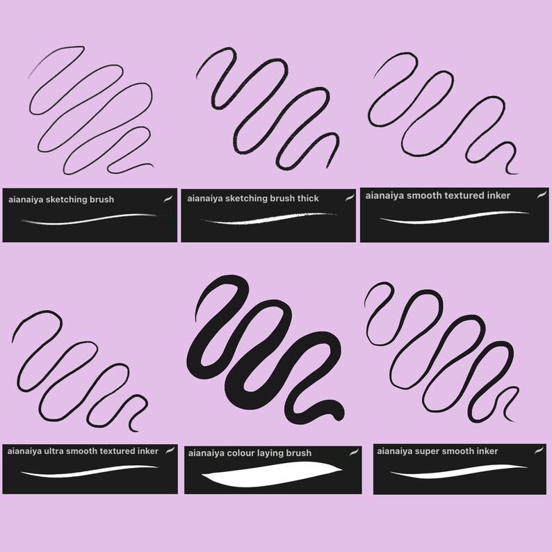 Pu&ograve; includere: Sei diverse pennellate in inchiostro nero su uno sfondo viola chiaro. Ogni pennellata &egrave; etichettata con il nome del pennello utilizzato per crearla. I nomi dei pennelli sono "aianaiya sketching brush", "aianaiya sketching brush thick", "aianaiya smooth textured inker", "aianaiya ultra smooth textured inker", "aianaiya colour laying brush" e "aianaiya super smooth inker".