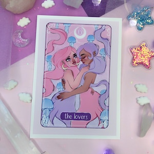 l'impression d'art mural de carte de tarot amoureux, décor de salle de bain nautique, mermay, illustration mignonne, oeuvre de collage