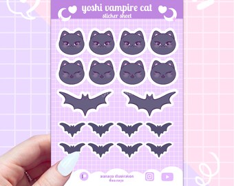 yoshi the vampire cat bat paper sticker sheet, halloween sticker sheet, journal stickers, scrapbooking, kawaii bat, matte, cat stickers