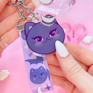 spooky vampire cat purple lanyard keychain, keyring charm, moon charm, moon keyring, cat keyring