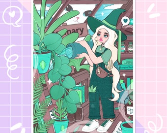 little green witch greenhouse cat wall art print, cute decor, witchy illustration, cute art, cute print, kawaii aesthetic, green artwork