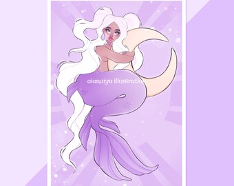 Syrena z fioletowym księżycem, wydruk na ścianę, słodka ilustracja, kawaii sypialnia, wydruk w pokoju z syrenką, miękka sztuka, wystrój łazienki
