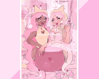 the love witches pink wall art print, valentines print, cute illustration, sapphic witches, love aesthetic, collage print, bedroom decor