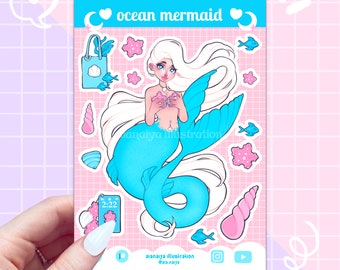 ocean mermaid pink vinyl sticker sheet, seashells sticker sheet, journal stickers, scrapbooking, ocean craft supplies, matte, starfish