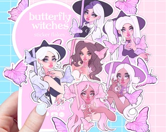 butterfly witches sticker flakes sticker pack, journal stickers, planner supplies, laptop decals, notebook decor, scrapbook ephemera, purple