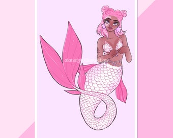 pink and white glitter mermaid wall art print, nautical bathroom decor, mermaid bedroom, cute illustration, cute decor, collage wall