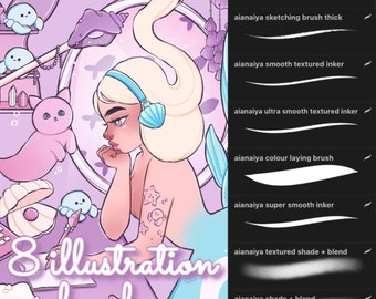8 illustration brushes for procreate, drawing brushes, digital brushes, digital art, digital inking, illustration brushes, procreate pack