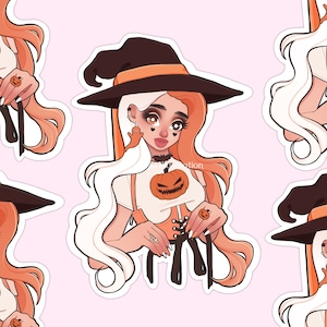 citrouille sorcière orange découpé autocollant flocon, halloween, samhain, scrapbooking, journalisation, kawaii, esthétique, citrouille, fournitures pour ordinateur portable