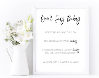 Don't Say Baby Game Sign for Baby Shower - INSTANT DOWNLOAD - Printable Pin Instructions Clothespin - 8x10 Party Table Frame - PDF print