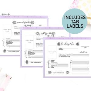 May include: Three printable school year memory pages with a purple border and floral accents. The pages are labeled "Kindergarten", "First Grade", and "Second Grade". Each page includes sections for a school photo, teacher's name, favorite things, and a "about me" section.