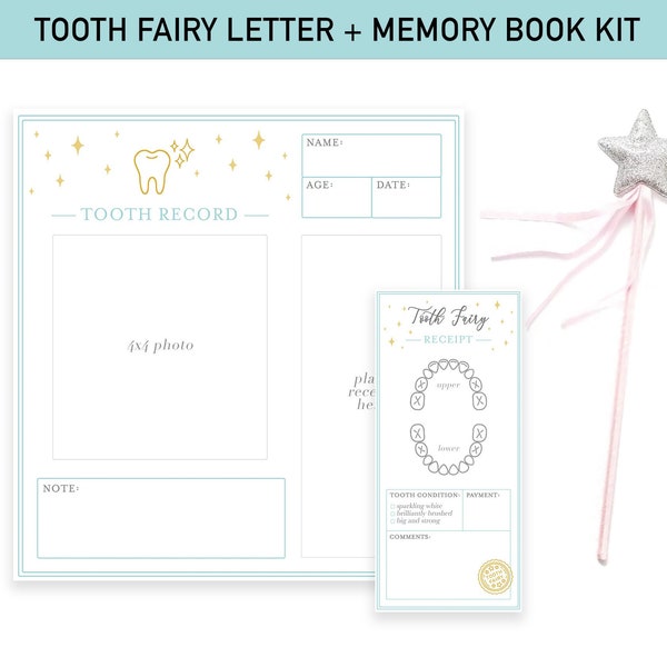 Tooth Fairy Kit - INSTANT DOWNLOAD - Tooth Fairy Tracker, Tooth Fairy Certificate - Dental Records - Tooth Fairy Receipt, Fairy Letter - 8x8