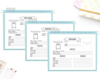 May include: Three printable file folder labels for preschool, kindergarten, and first grade. Each label has a space for a photo, a place to write the child's name, year, school, teacher, and a section for "About Me" with prompts for favorite things and memories.